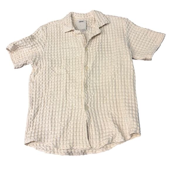 OAS Men’s Large Textured Waffle Cotton Shirt Short Sleeve Button Front Cream - Picture 1 of 7